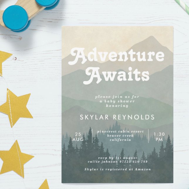 Boho Mountains Retro Blue Baby Shower Invitation (Creator Uploaded)