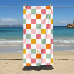 Boho Multicolor Chequerboard Monogram Beach Towel