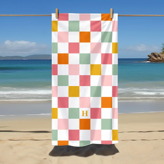 Boho Multicolor Chequerboard Monogram Beach Towel (Creator Uploaded)