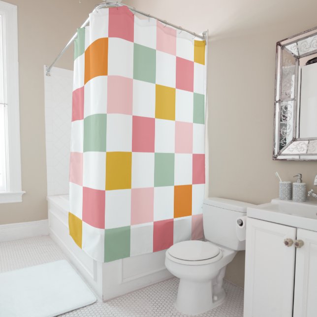 Boho Multicolor Chequerboard Shower Curtain (In Situ)