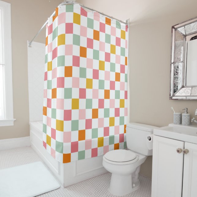Boho Multicolor Chequerboard Shower Curtain (In Situ)