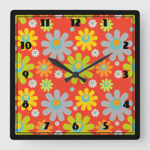 Boho Multicolor Daisies On Orange Square Wall Clock
