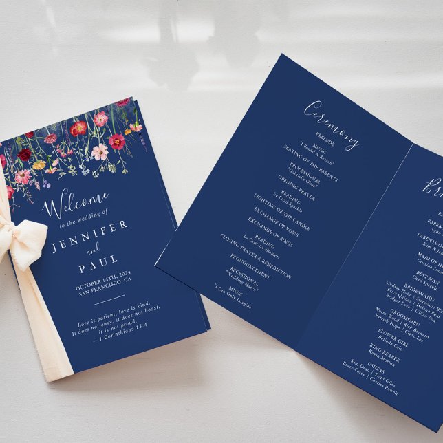 Boho Multicolor Wildflower Folded Wedding Program (Creator Uploaded)