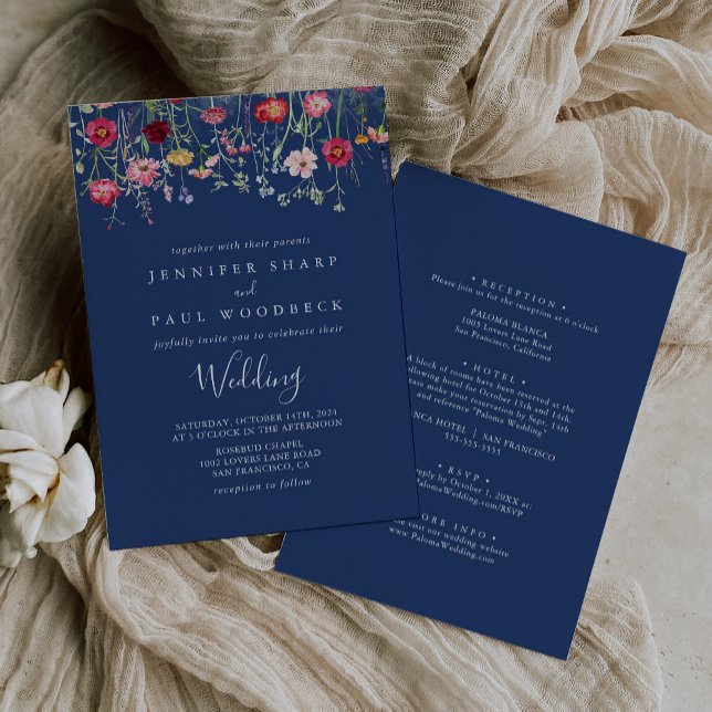 Boho Multicolor Wildflower Front & Back Wedding Invitation (Creator Uploaded)