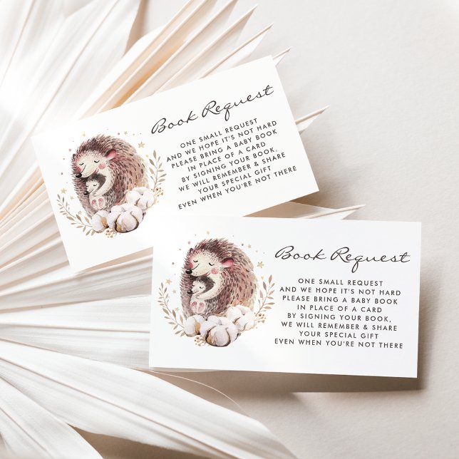 Boho Mummy and Baby Hedgehog Book Request Card (Woodland theme baby shower book request card featuring watercolor mommy and baby hedgehog.)