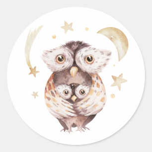 Boho Mummy and Baby Owl Celestial Baby Shower Classic Round Sticker