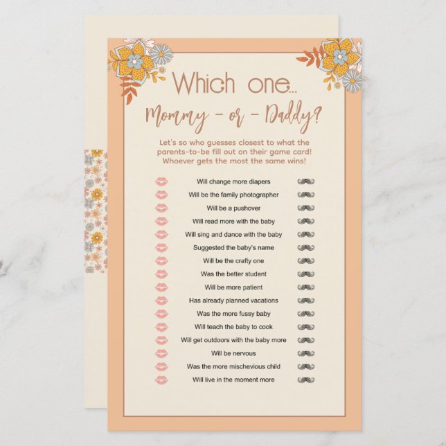 Boho Mummy or Daddy Baby Shower Guessing Game (Front/Back)