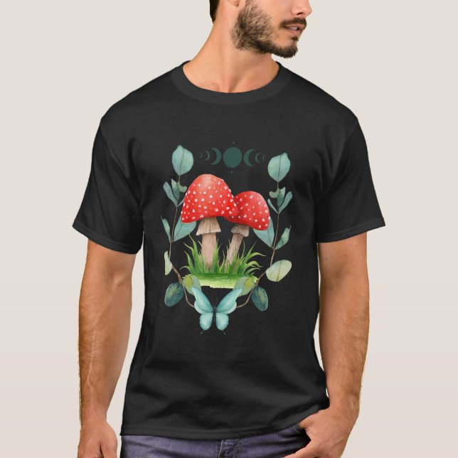 Boho Mushroom Butterfly and Moon Phase Design T-Shirt (Front)