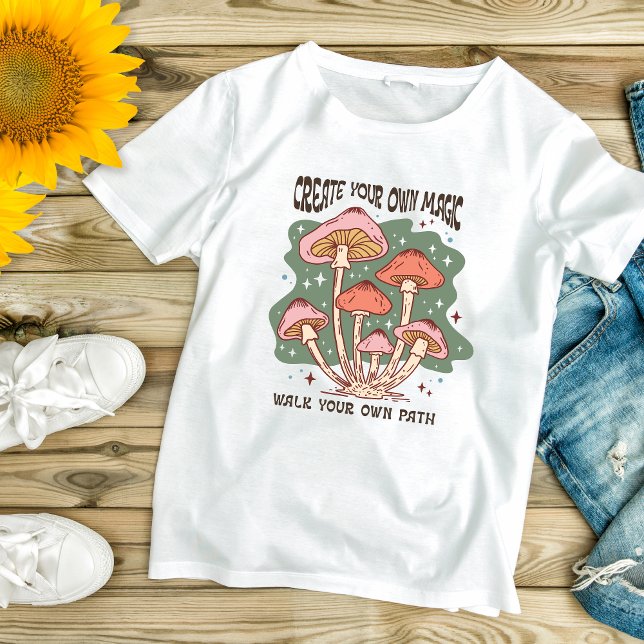Boho Mushrooms Inspirational Motivational  T-Shirt (Boho Trendy Create Your Own Magic, Walk Your Own Path, Inspirational Motivational Women's T-shirt)