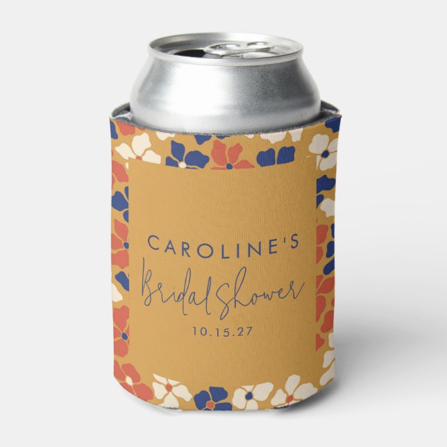 Boho Mustard Blue Botanical Bridal Shower Custom Can Cooler (Can Front)