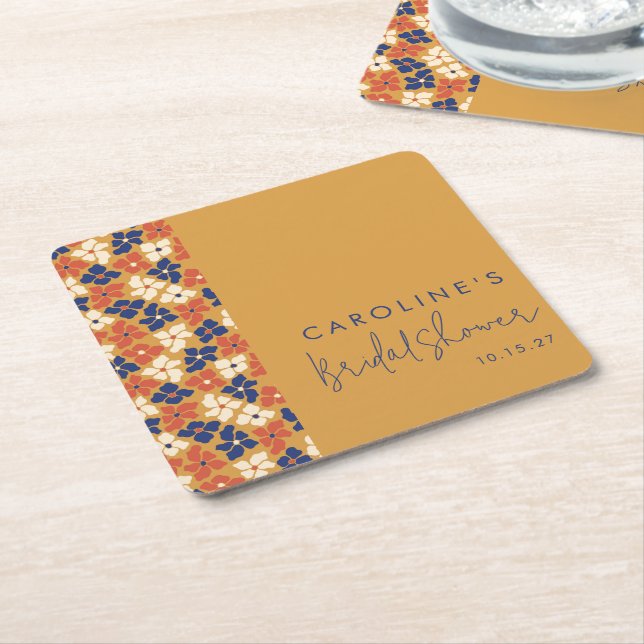 Boho Mustard Blue Botanical Bridal Shower Custom Square Paper Coaster (Angled)