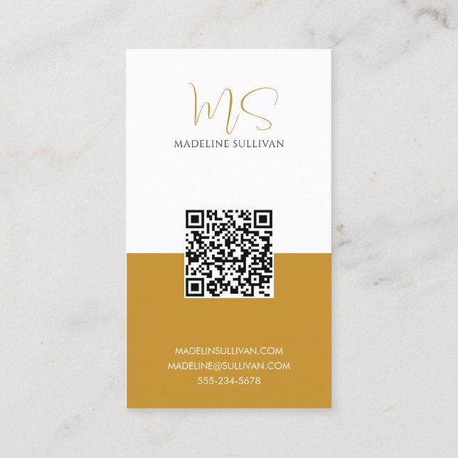 Boho Mustard Calligraphy Script QR code Business Card (Back)