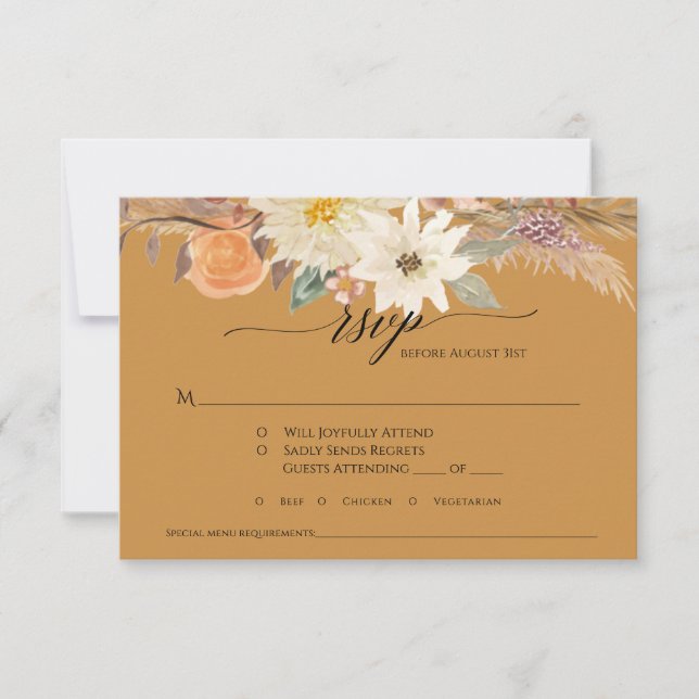 BOHO Mustard Gold Fall Floral Pampas Grass Wedding RSVP Card (Front)