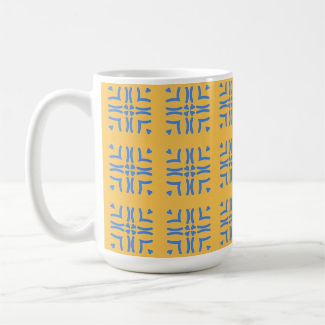 Boho Mustard Yellow & Blue Hearts Coffee Mug (Left)