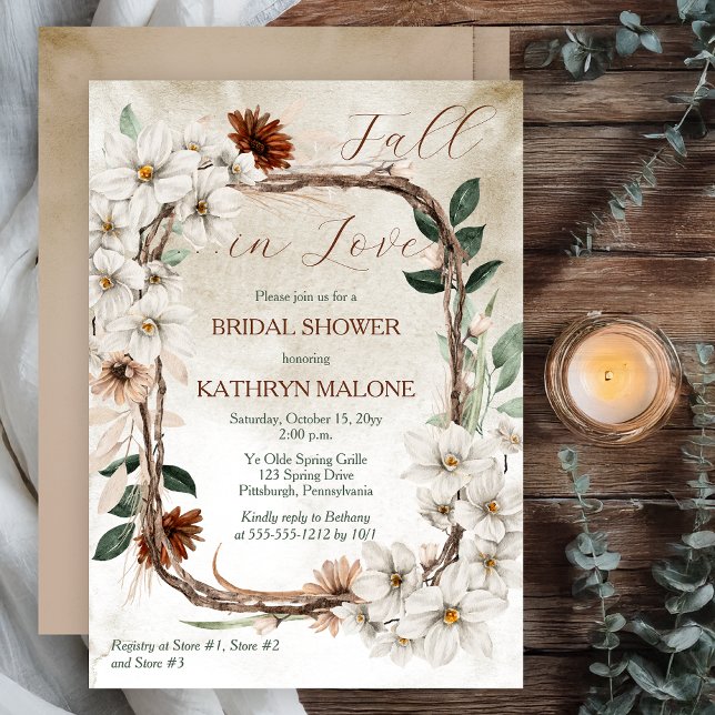Boho Muted Fall Floral Fall in Love Bridal Shower Invitation (Boho Muted Fall Floral and Grapevine Wreath "Fall in Love" Bridal Shower Invitation -Print | Digital)