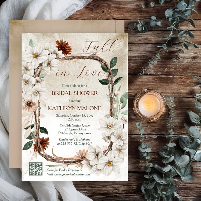 Boho Muted Fall Floral Fall in Love Bridal Shower Invitation (Boho Muted Fall Floral and Grapevine Wreath "Fall in Love" Bridal Shower Invitation QR Code Registry)