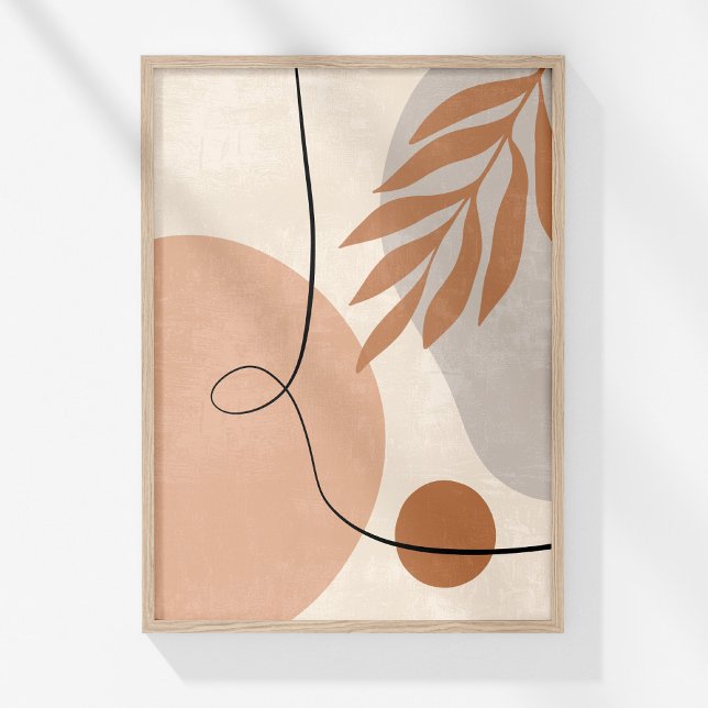 Boho Muted Neutral Abstract Botanical Wall Art (Boho Muted Neutral Abstract Botanical Wall Art in a wooden frame on a sunny white wall.)