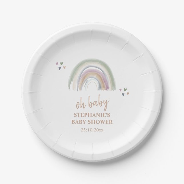  Boho Muted Rainbow Sage Green  Baby Shower  Paper Plate (Front)
