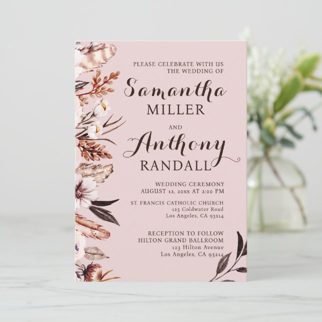 Boho Muted Watercolor Flowers Wedding Invitation (Standing Front)