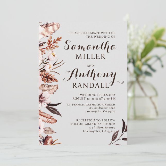 Boho Muted Watercolor Flowers Wedding Invitation (Standing Front)