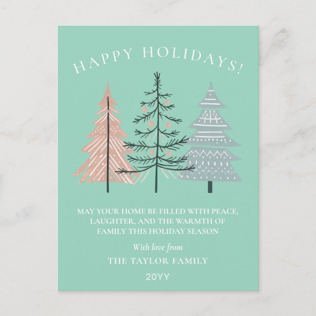 Boho Natural Green Christmas Trees Holiday Postcard (Front)