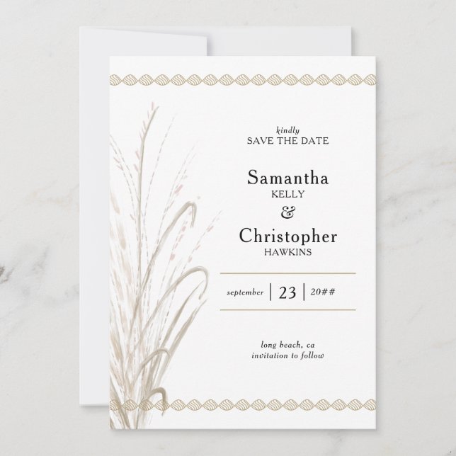 Boho Natural Pampas Grass Elegant Photo Save The Date (Front)