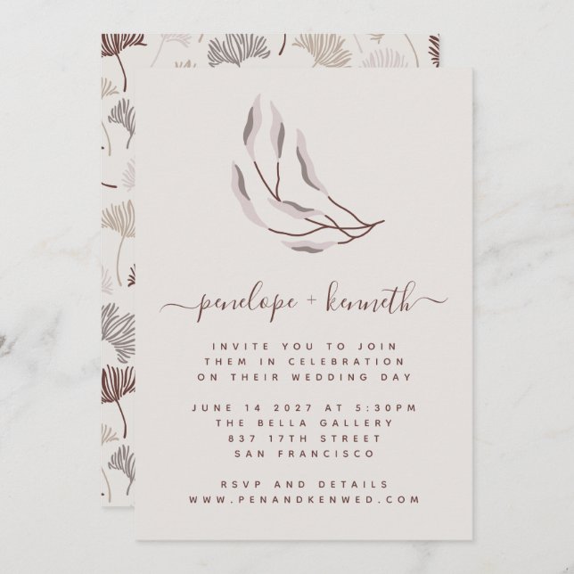 Boho Nature Burgundy and Taupe Botanical Wedding Invitation (Front/Back)