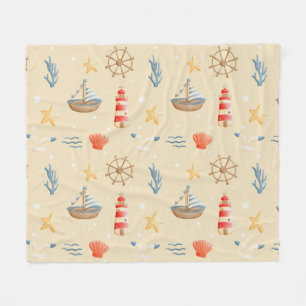 Boho Nautical Boat Lighthouse Pattern Fleece Blanket