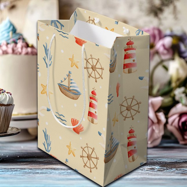 Boho Nautical Boat Lighthouse Pattern Medium Gift Bag (Creator Uploaded)
