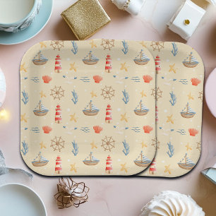 Boho Nautical Boat Lighthouse Pattern Paper Plate