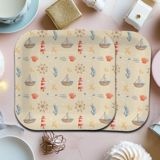 Boho Nautical Boat Lighthouse Pattern Paper Plate (Creator Uploaded)