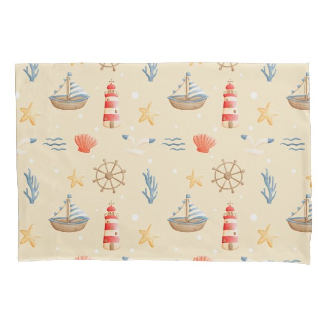 Boho Nautical Boat Lighthouse Pattern Pillowcase (Front)