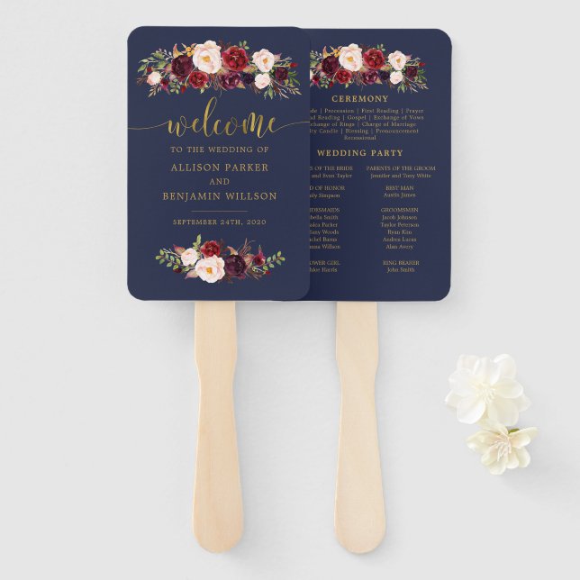 Boho Navy and Gold Floral Wedding Program Fans (Front and Back)