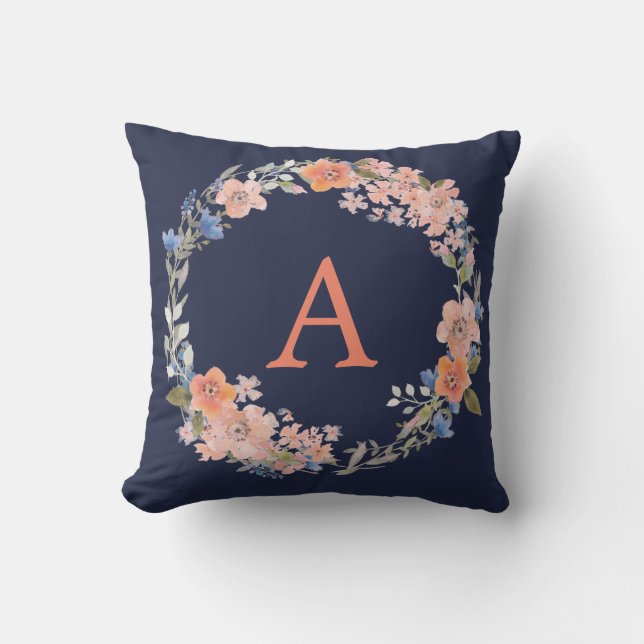 Boho Navy and Peach Monogram Floral Wreath Pillow (Front)