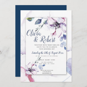 Boho Navy Blue and Watercolor Apple Blossoms Invitation