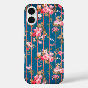 Boho navy blue blush pink floral rose gold stripes iPhone 16 plus case