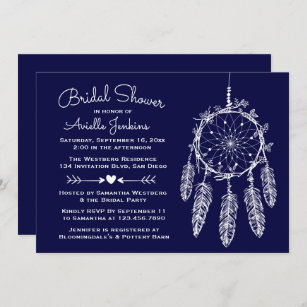 Boho Navy Blue Bridal Shower Dream Catcher Tribal Invitation
