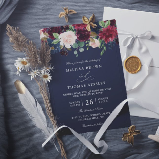Boho Navy Blue Burgundy Budget QR Code Wedding Invitation (Creator Uploaded)