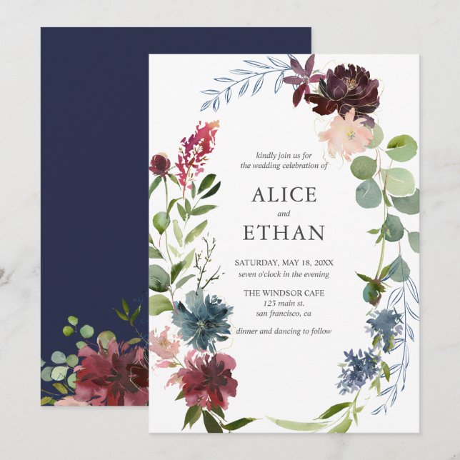 Boho Navy Blue Burgundy Flowers Wedding Invitation (Front/Back)