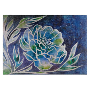 Boho Navy Blue Celestial Dahlia Floral Watercolor Cutting Board