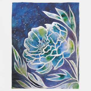 Boho Navy Blue Celestial Dahlia Floral Watercolor Fleece Blanket