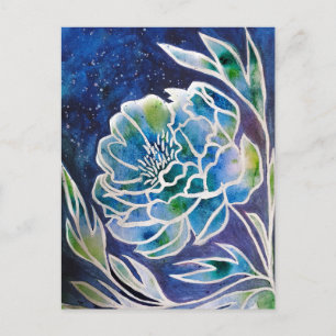 Boho Navy Blue Celestial Dahlia Floral Watercolor Postcard