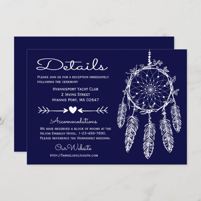 Boho Navy Blue Details Dreamcatcher Tribal Wedding Invitation (Front/Back)