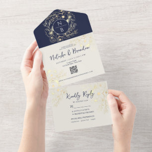 Boho Navy Blue Monogram Wedding All In One Invitation