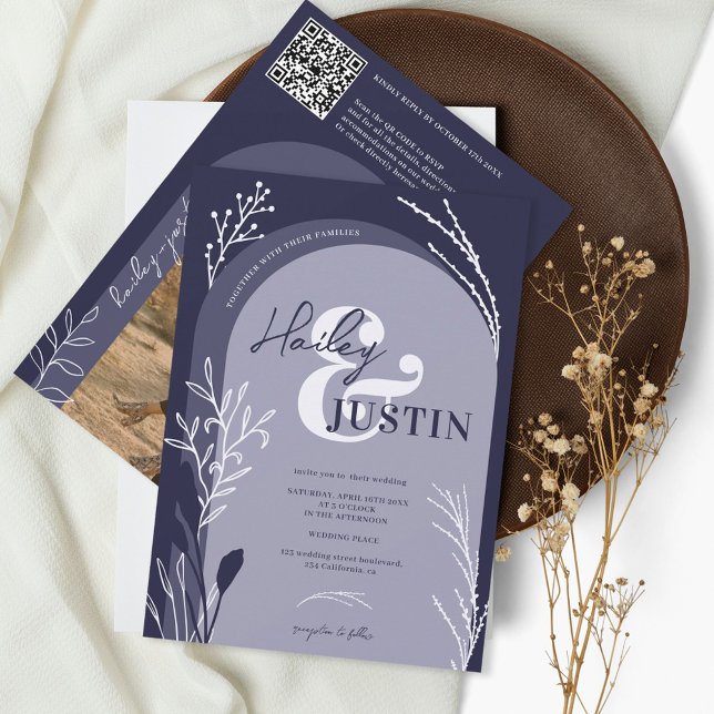 Boho navy blue photo names script arch wedding invitation (Creator Uploaded)