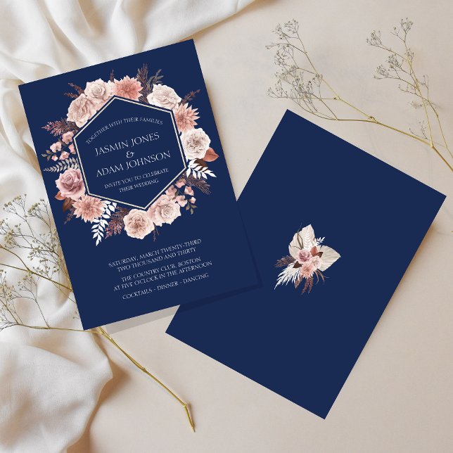 Boho Navy Blue Pink Floral Wreath Wedding Invitation (Boho Navy Blue Pink Floral Wreath Wedding Invitation)