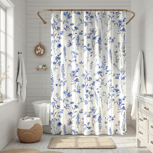 Boho Navy Blue Wildflowers Shower Curtain