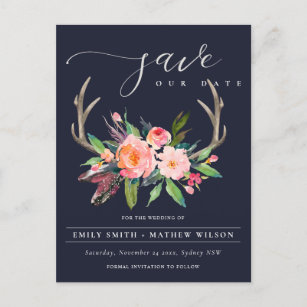 BOHO NAVY BLUSH ANTLER FLORA COUNTRY SAVE THE DATE ANNOUNCEMENT POSTCARD