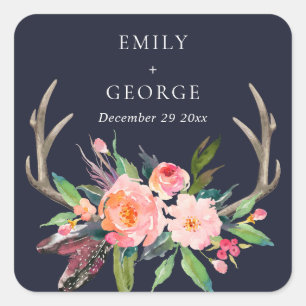 BOHO NAVY BLUSH ANTLER FLORAL COUNTRY  WEDDING SQUARE STICKER