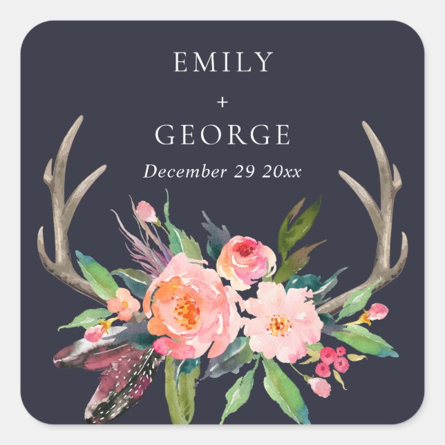 BOHO NAVY BLUSH ANTLER FLORAL COUNTRY  WEDDING SQUARE STICKER (Front)